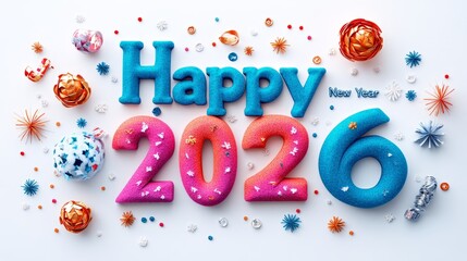 Fototapeta premium Vibrant happy new year 2026 celebration with colorful decorations