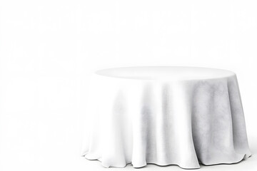Restaurant round table with white folded tablecloth isolated on white background