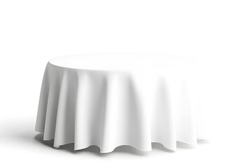 Restaurant round table with white folded tablecloth isolated on white background