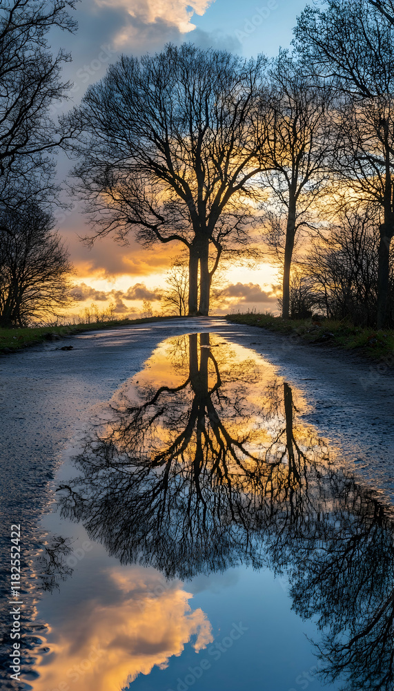 Poster reflections of trees and clouds in a puddle during golden hour -