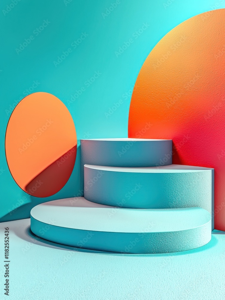 Poster surreal circular product stands display turquoise background high-resolution visuals bold highlights
