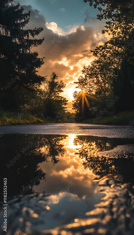 Poster reflections of trees and clouds in a puddle during golden hour -