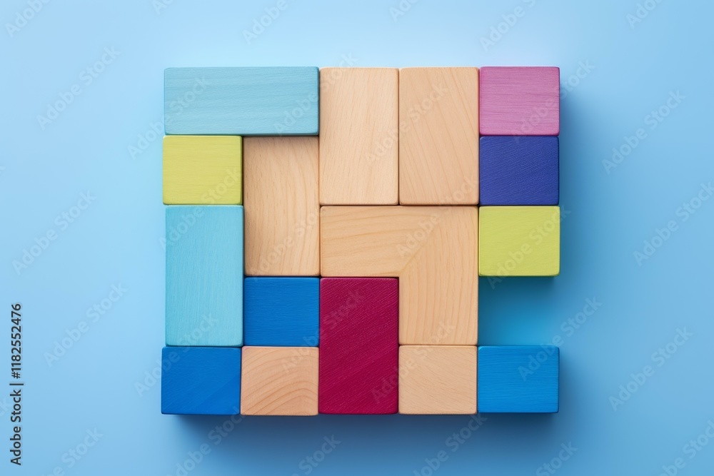 Aufkleber geometric puzzle made of colorful wooden blocks forming an abstract shape on a blue background, symb