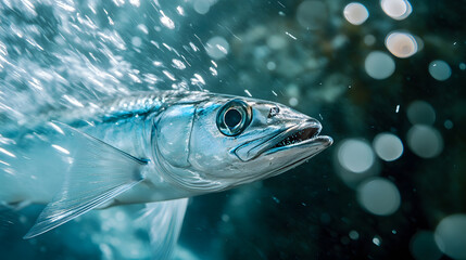 Fototapeta premium A barracuda darting through the water, with blurred streaks of silver as the background, during a high-speed underwater moment