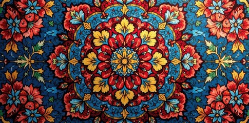 Abstract floral mandala, rich Persian carpet texture Muted blues, reds, & earthy tones , mandala, orange