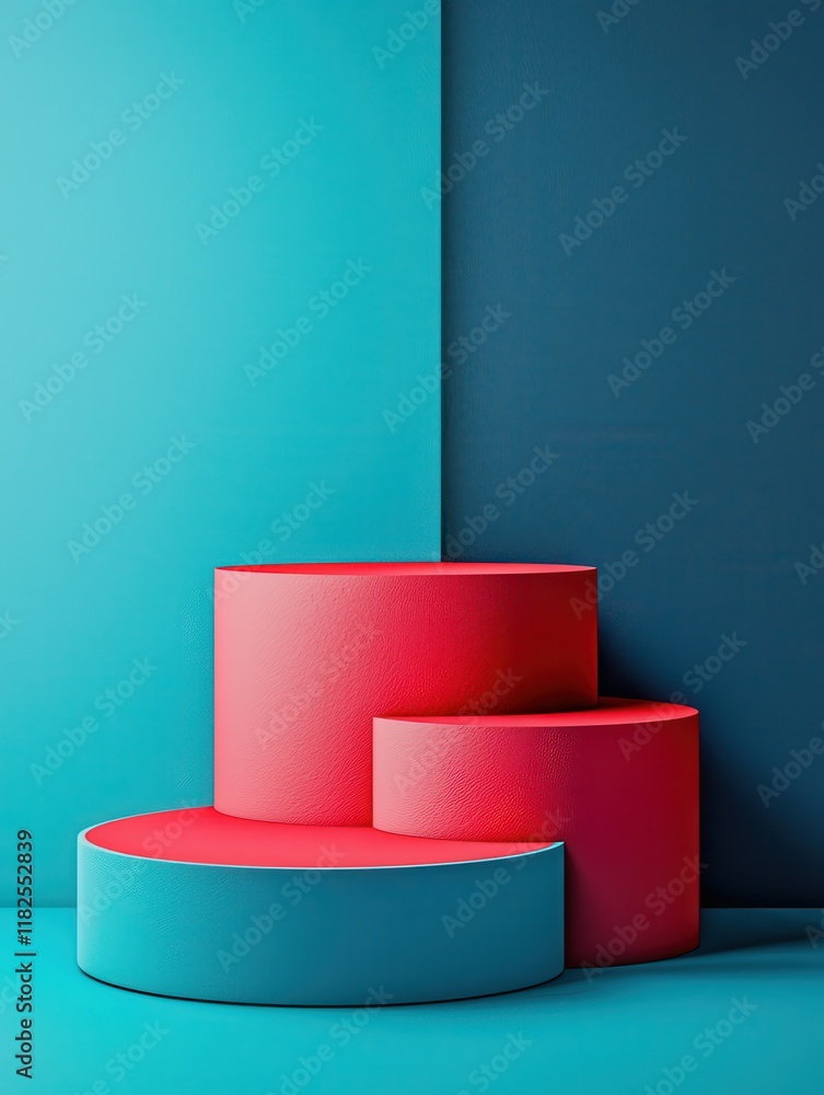 Poster surreal display of circular product stands turquoise background high-resolution image modern design 