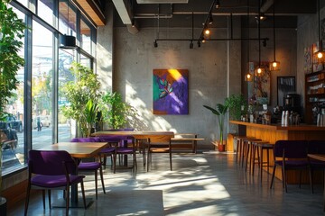 Sunny cafe interior, city view, wooden furniture, artwork, relaxed atmosphere