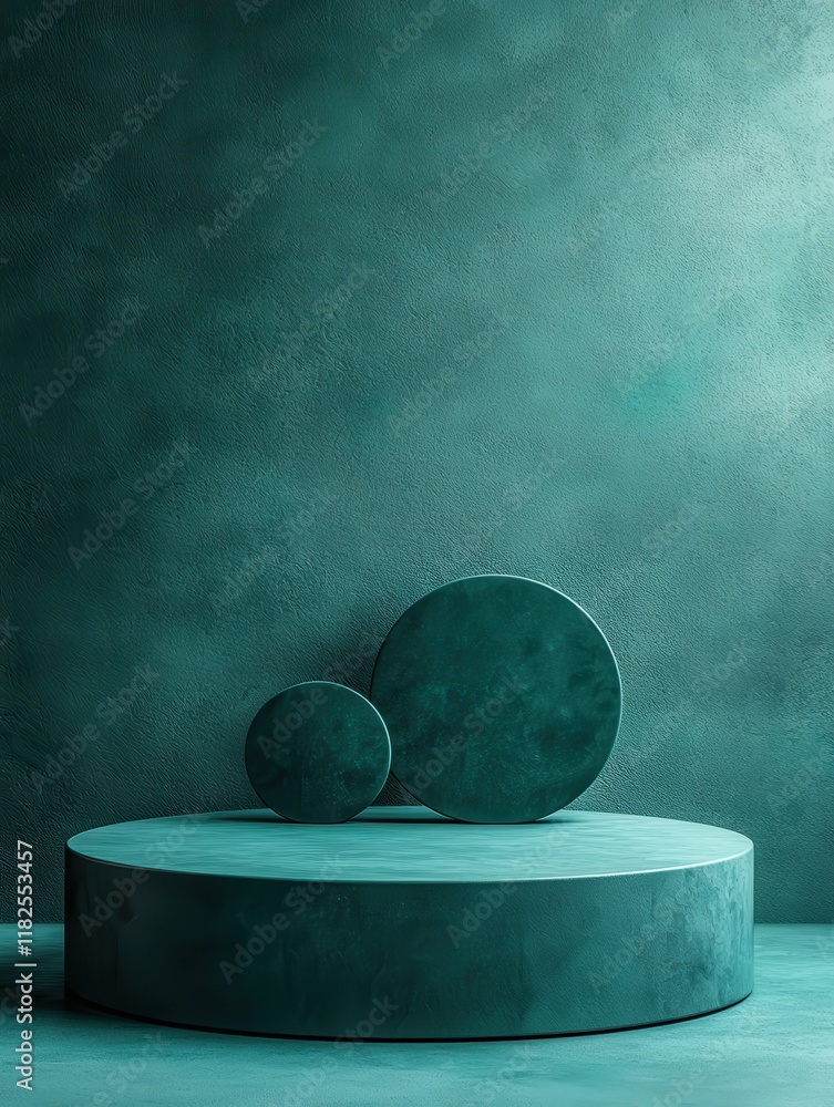 Poster surreal circular product stands turquoise background high-resolution image simple style modern conce