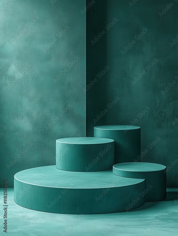Poster surreal circular product stands turquoise background high-resolution visuals minimalist style abstra