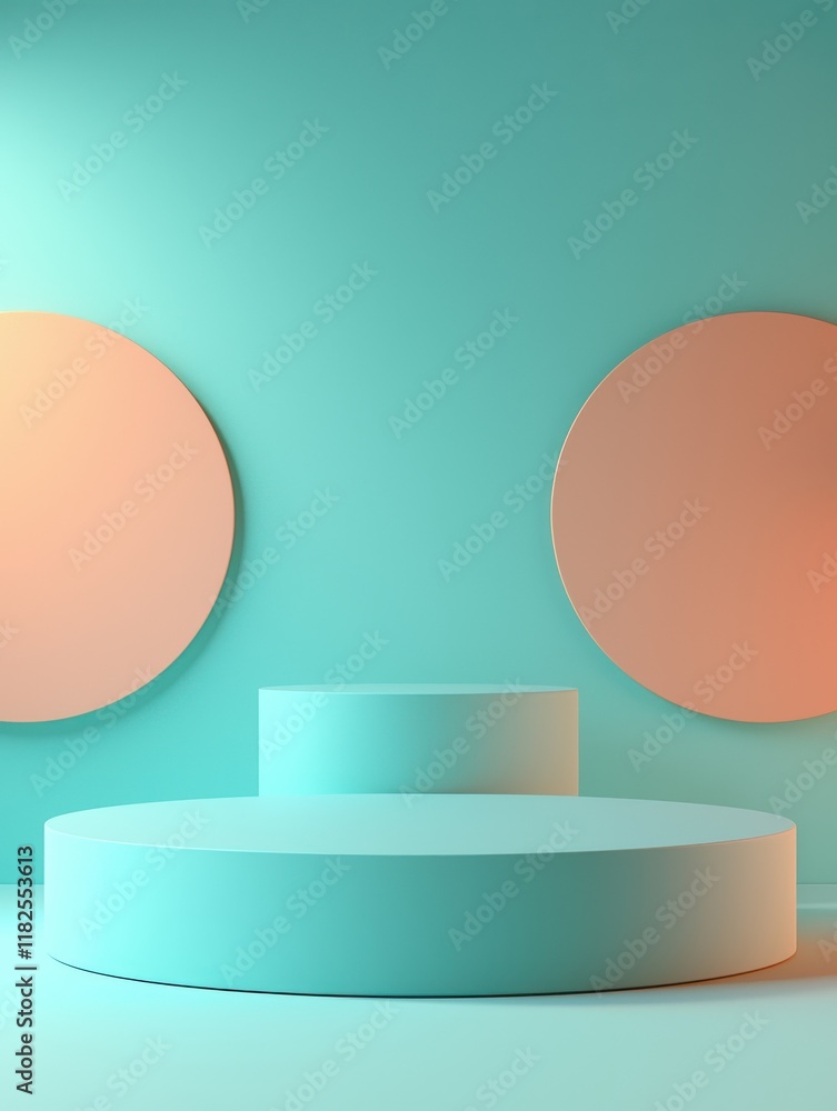 Poster surreal circular product display stands turquoise background high-resolution image minimalist enviro