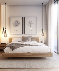 Modern minimalist bedroom, low platform bed, warm wood tones, pendant lights, nature-inspired wall art, beige walls, cozy bedding, sleek design, zen atmosphere, muted colors, clean lines, Japanese-ins