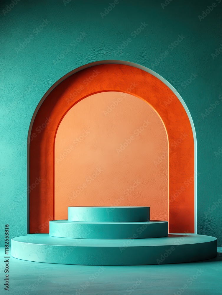 Poster surreal three circular product stands turquoise background high-resolution design simple style artis