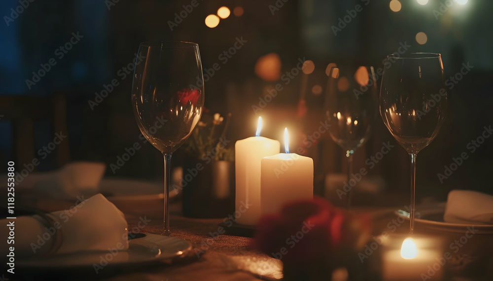 Poster romantic candlelit dinner table setting creating a warm and intimate ambiance -