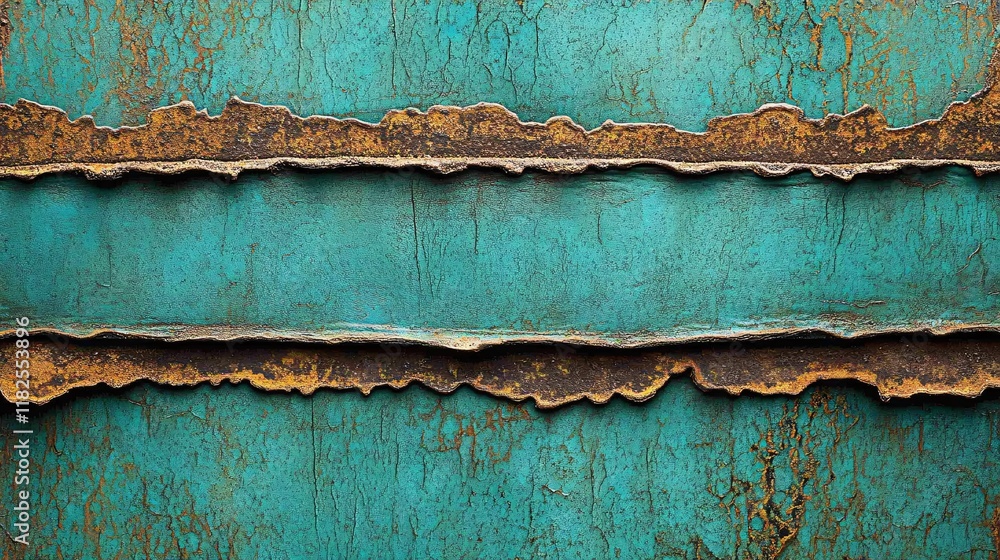 Poster striking textures of rust and teal showing layers of metal over time