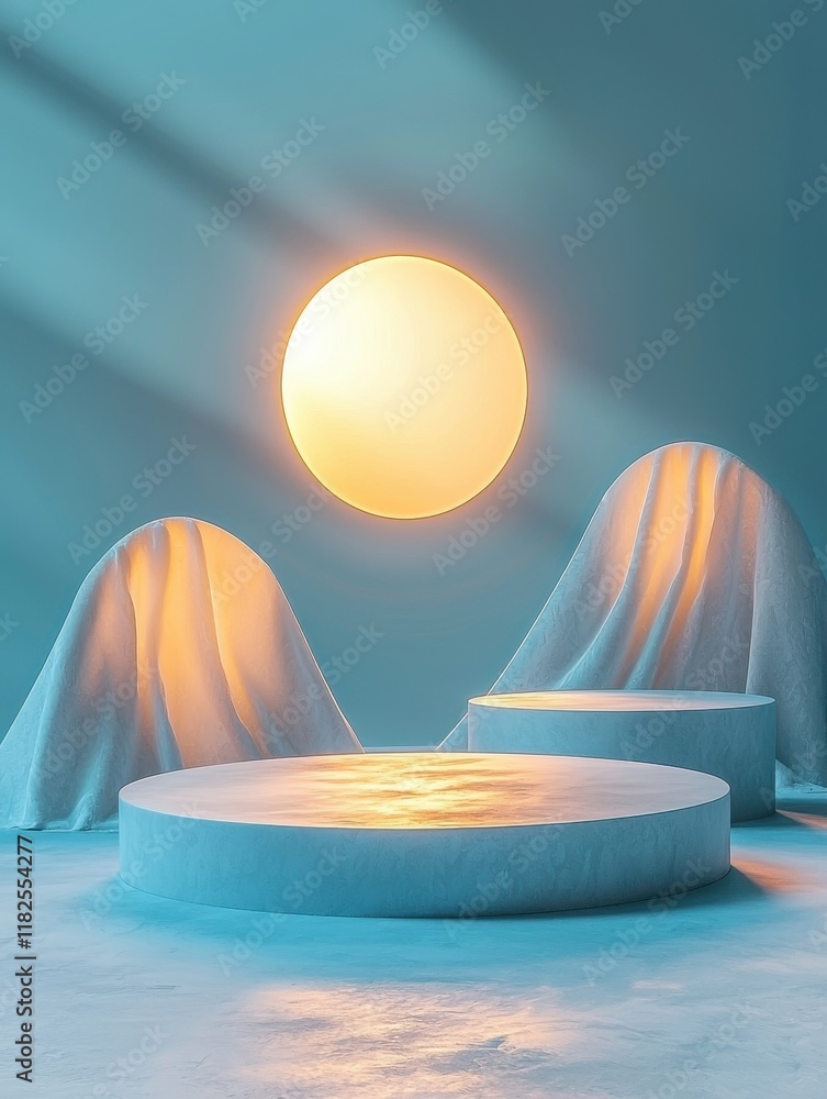 Poster surreal product display turquoise background digital art ethereal landscape minimalist viewpoint adv