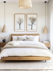 Modern minimalist bedroom, low platform bed, warm wood tones, pendant lights, nature-inspired wall art, beige walls, cozy bedding, sleek design, zen atmosphere, muted colors, clean lines, Japanese-ins