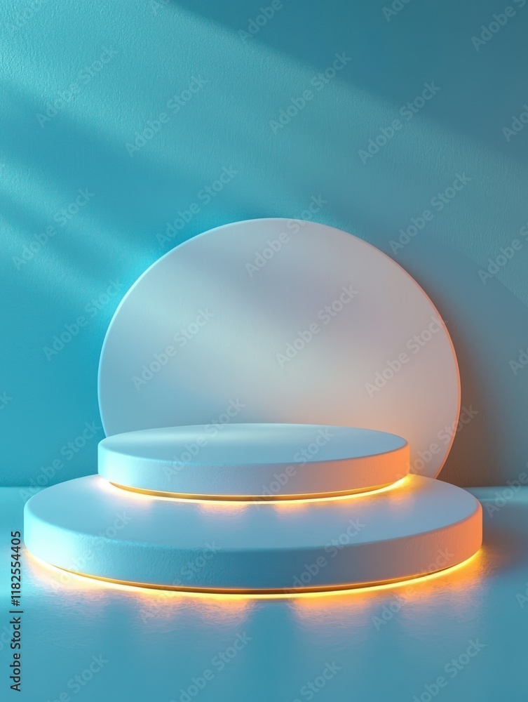 Poster surreal display of circular product stands turquoise background high-resolution art ethereal lightin