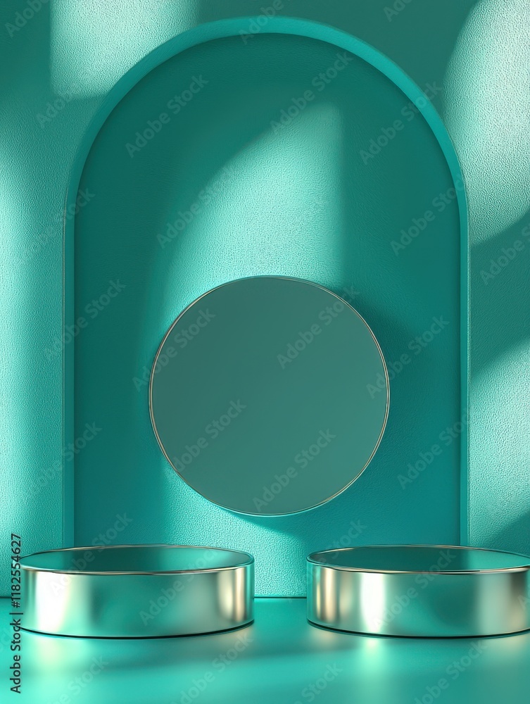 Poster three circular product stands on turquoise background surreal style high resolution advanced color s