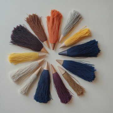 Una composici&oacute;n circular de borlas de hilo de diversos colores con base de madera sobre una superficie clara.
