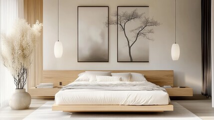 Modern minimalist bedroom, low platform bed, warm wood tones, pendant lights, nature-inspired wall art, beige walls, cozy bedding, sleek design, zen atmosphere, muted colors, clean lines, Japanese-ins