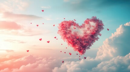 Fototapeta premium romantic pink and red petal heart in sunrise clouds