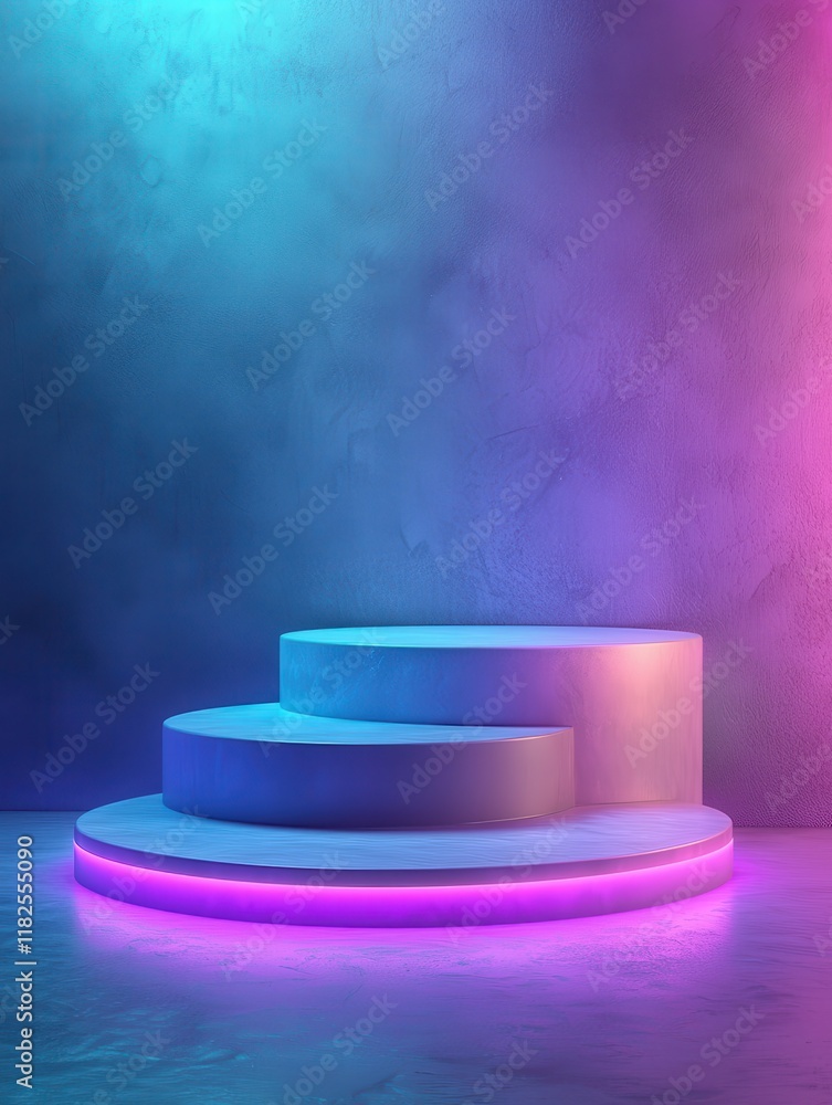 Poster surreal display of circular product stands turquoise background digital art minimalist environment h