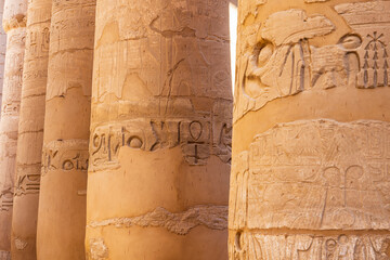 Karnak, Luxor, Egypt. Columns of the Great Hypostyle Hall at the Karnak Temple Complex.
