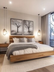 Modern minimalist bedroom, low platform bed, warm wood tones, pendant lights, nature-inspired wall art, beige walls, cozy bedding, sleek design, zen atmosphere, muted colors, clean lines, Japanese-ins