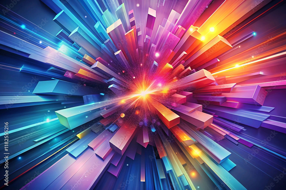 Poster abstract colorful explosion of vibrant 3d blocks and glowing lights.