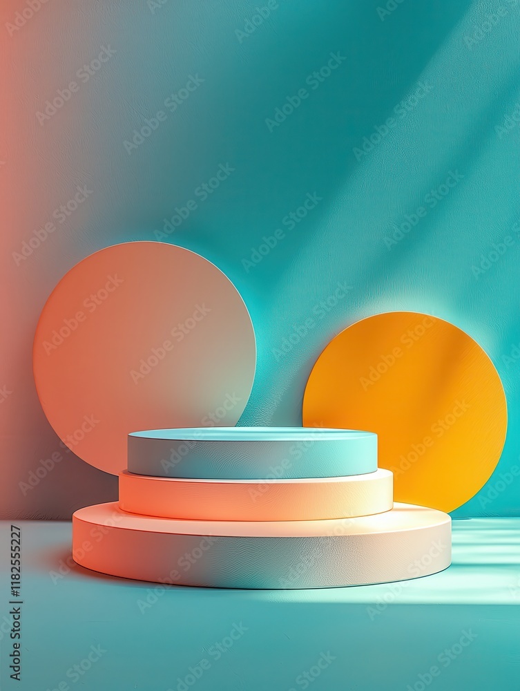 Poster creative display of circular product stands on turquoise background surreal style high resolution mo