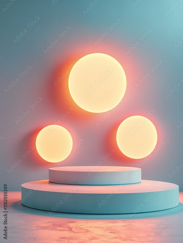 Poster surreal three circular product stands turquoise background high-resolution image soft glow modern de