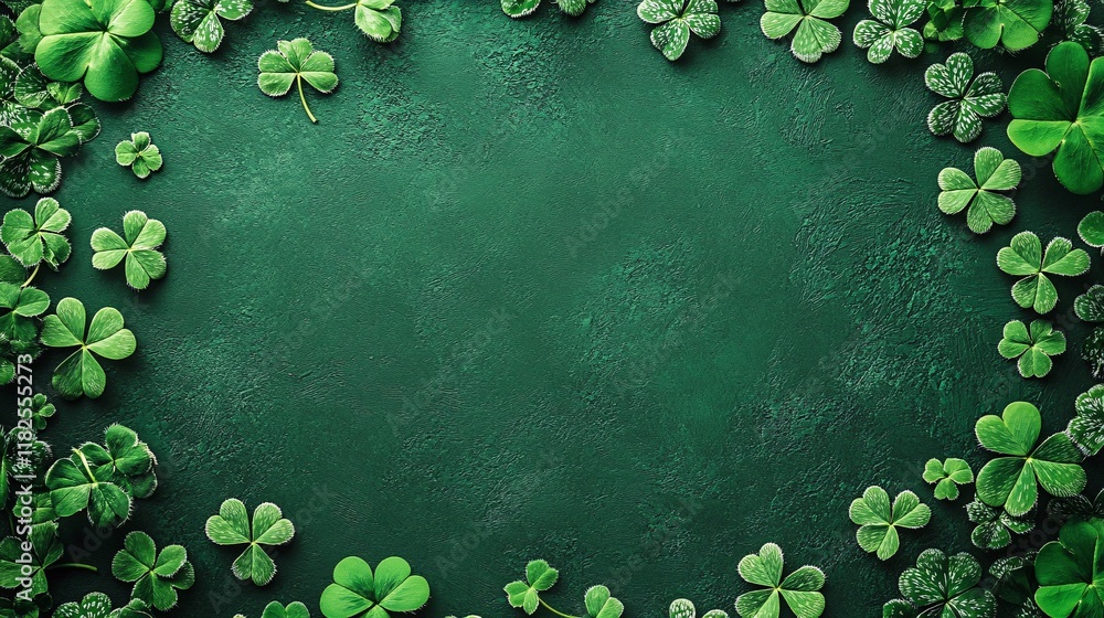 Poster green shamrocks create a festive border on a dark textured background