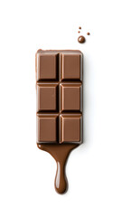 Obraz premium Pieces of melted chocolate bar with dripping drops isolated on white background