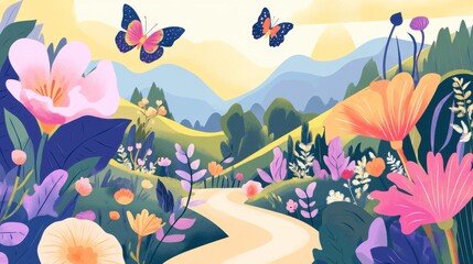 A Colorful Floral Pathway Through a Mountainous Landscape. A Whimsical and Vibrant Artistic Illustration