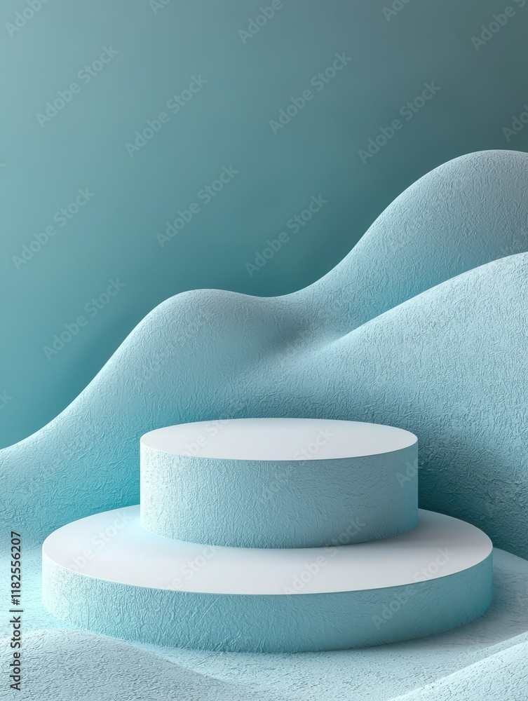 Poster three circular product stands on turquoise background in surreal landscape style high resolution vis