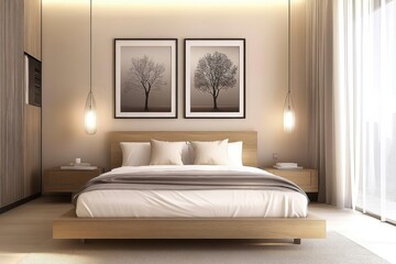Minimalist bedroom interior, natural wood platform bed, white bedding, cream walls, framed botanical prints, pendant lights, dried floral arrangement, Scandinavian design, soft neutral tones, serene a