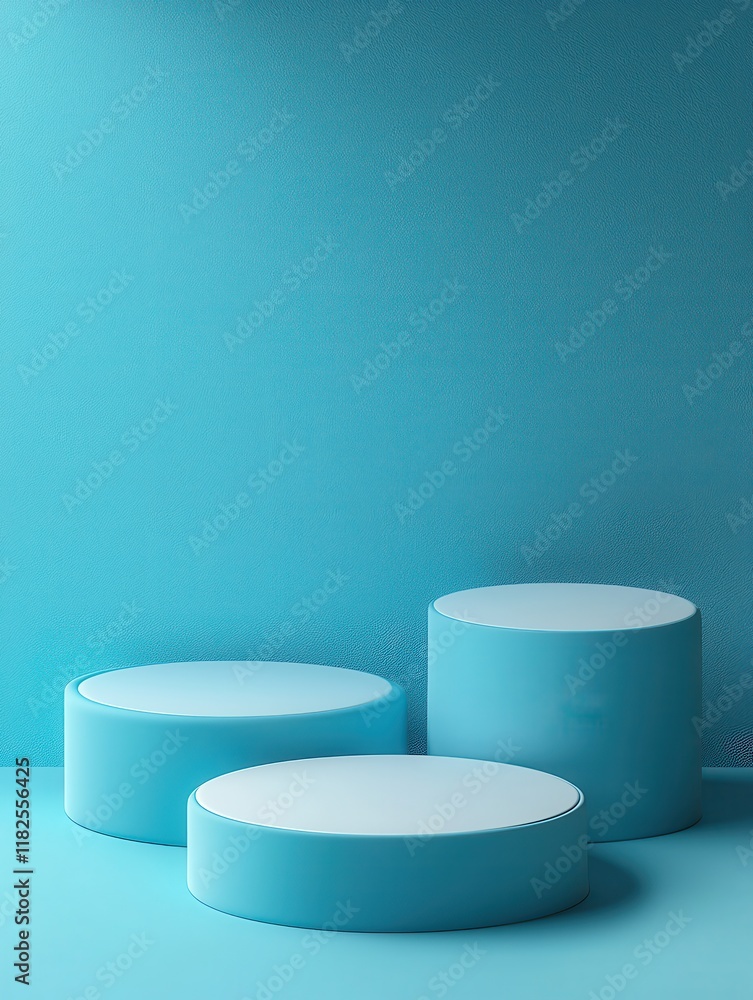 Poster surreal product display with circular stands abstract turquoise background digital art modern design