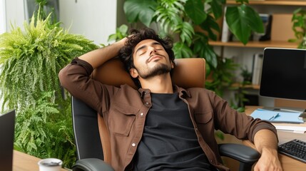 In a contemporary office filled with plants, a man reclines in his chair with eyes closed, savoring a peaceful moment during a busy workday and finding solace in natures presence