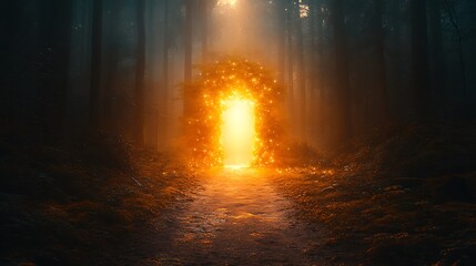 Fototapeta premium Glowing Portal In A Misty Forest Path