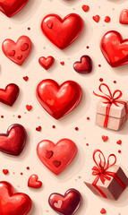 Red hearts and gift boxes create a seamless pattern, perfect for valentine's day projects, symbolizing love, romance, and celebration