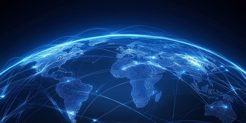 Fototapeta premium Digital map of the Earth with glowing blue connectivity lines. Global network concept.