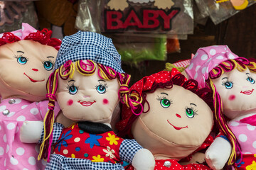 Cairo, Egypt, Africa. Cloth dolls for sale at an outdoor market.
