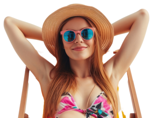 Young calm woman sunglasses swimwear summer.