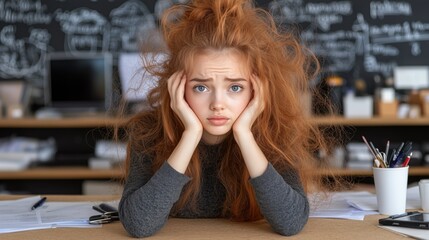 young student with disheveled red hair shows frustration while resting her face in her hands on a cluttered desk filled with papers, in a study area with a blackboard in the background