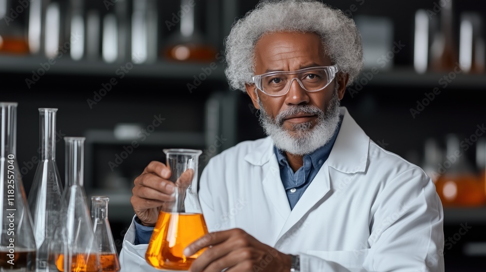 Poster knowledgeable senior scientist examines an orange liquid in a flask while surrounded by various glas