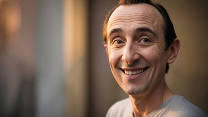 Obraz premium Candid portrait of a man smiling against a softly lit background during a warm evening in Phoenix
