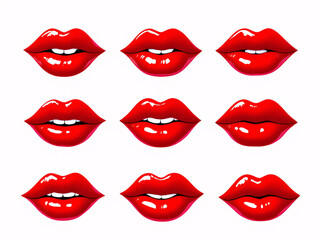 Multiple pairs of glossy red lips arranged in a neat grid pattern on a white background.