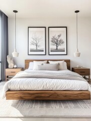 Minimalist bedroom interior, natural wood platform bed, white bedding, cream walls, framed botanical prints, pendant lights, dried floral arrangement, Scandinavian design, soft neutral tones, serene a