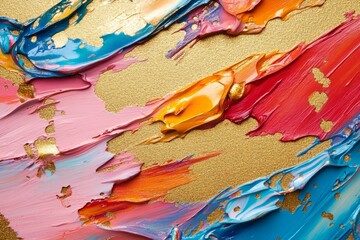 Fototapeta premium Vibrant oil paint in various colors is applied on a textured gold background, creating an abstract artwork with visible brushstrokes