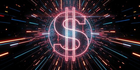 Neon Dollar Sign in Cyberspace